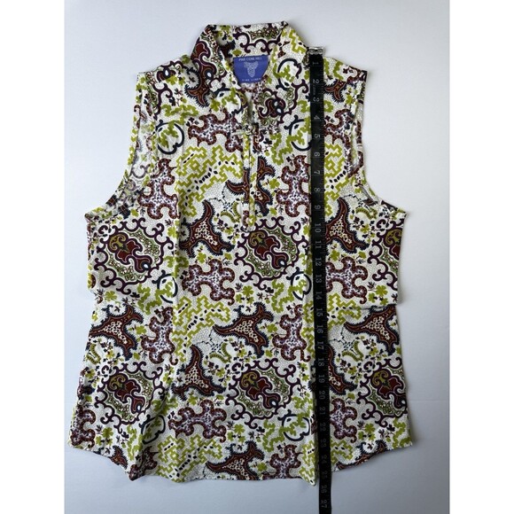 Pine Cone Hill Sleeveless Top Small Green Burgundy Knot Collar Boho Indie Cotton - Picture 9 of 9